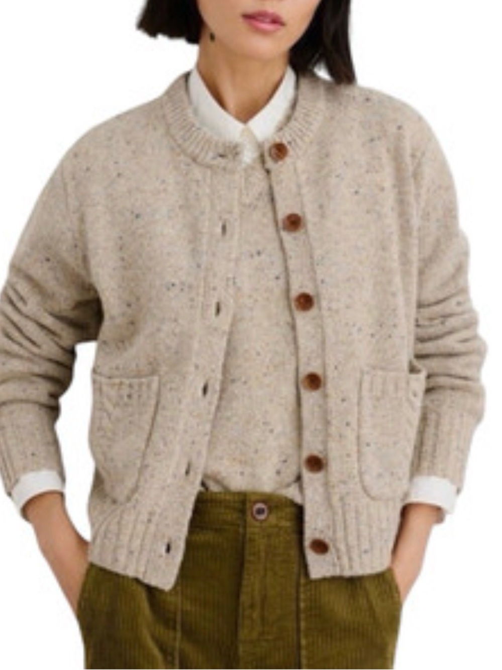 Alex Mill M Francis Cardigan in Donegal Oatmeal merino wool blend ribbed cuff